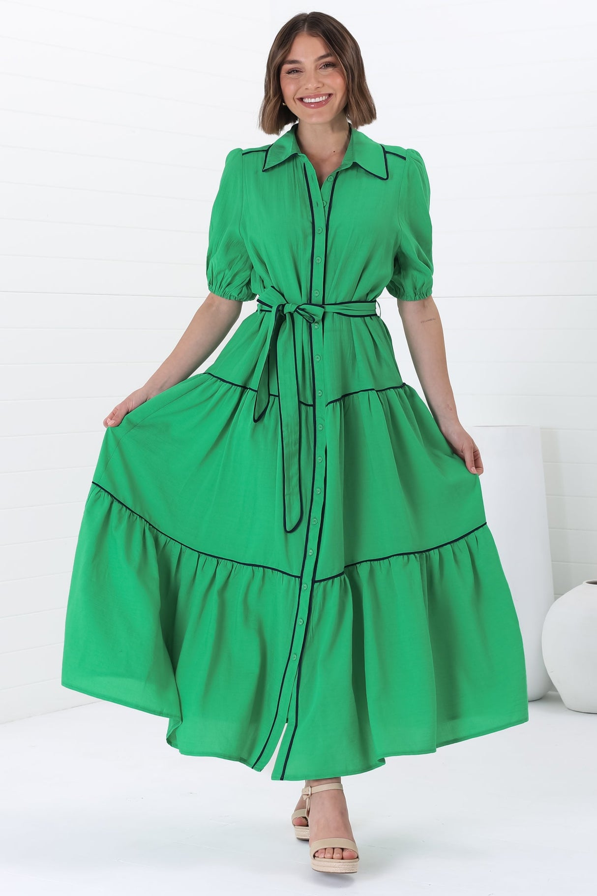 Valencia Maxi Dress - Collared Tiered Button Down Dress with Contrast Trim in Green