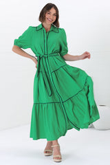 Valencia Maxi Dress - Collared Tiered Button Down Dress with Contrast Trim in Green