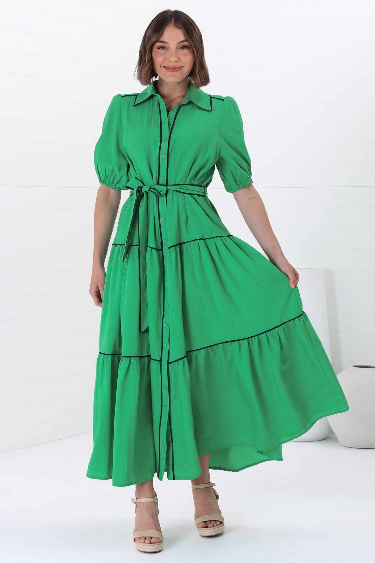 Valencia Maxi Dress - Collared Tiered Button Down Dress with Contrast Trim in Green