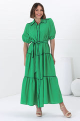 Valencia Maxi Dress - Collared Tiered Button Down Dress with Contrast Trim in Green