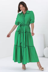 Valencia Maxi Dress - Collared Tiered Button Down Dress with Contrast Trim in Green