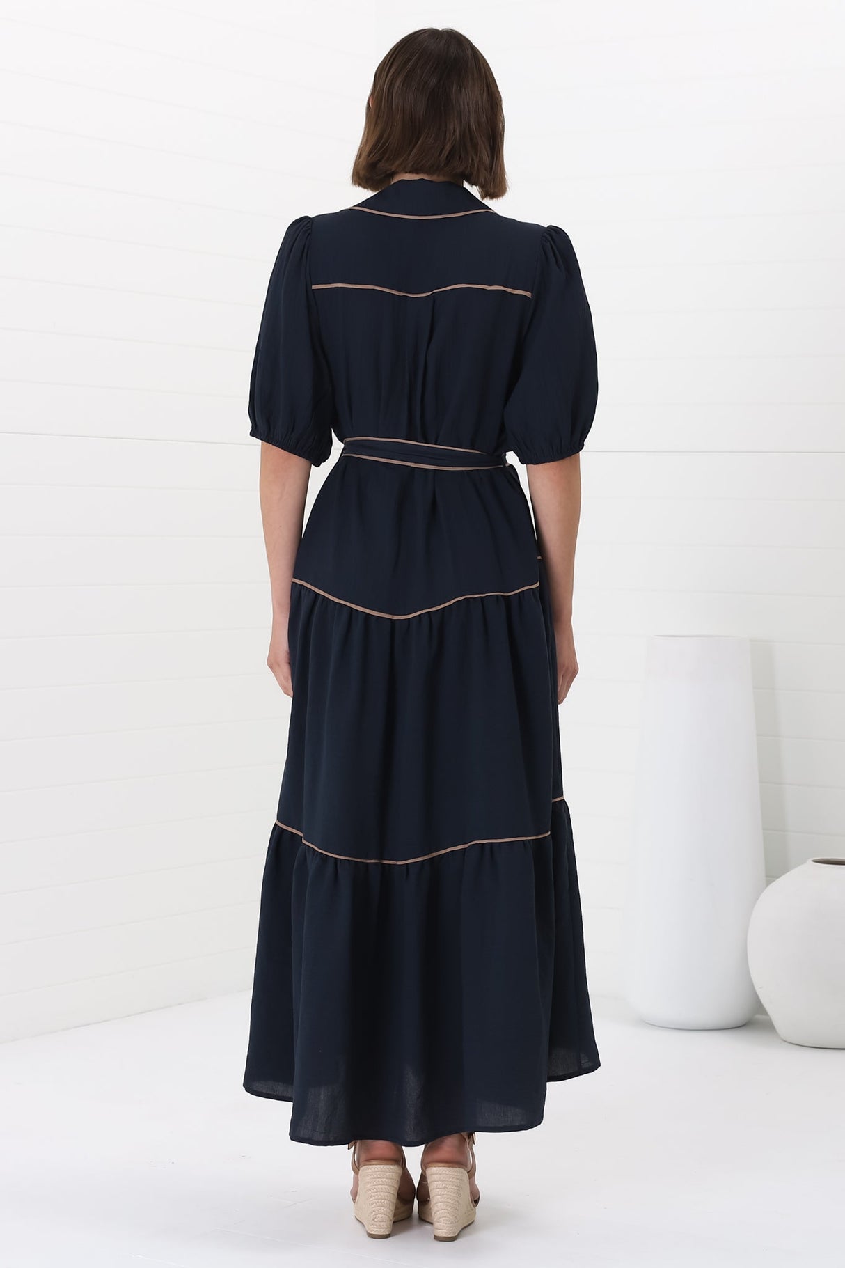 Valencia Maxi Dress - Collared Tiered Button Down Dress with Contrast Trim in Navy