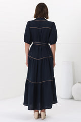 Valencia Maxi Dress - Collared Tiered Button Down Dress with Contrast Trim in Navy