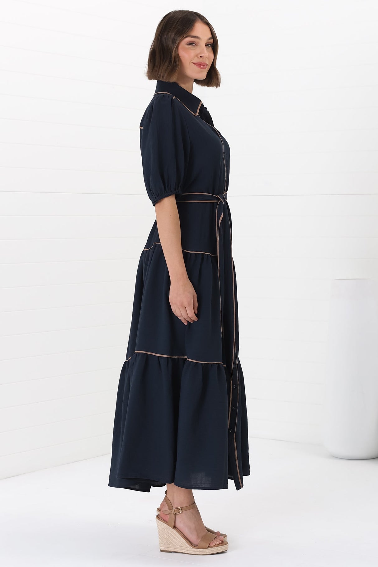 Valencia Maxi Dress - Collared Tiered Button Down Dress with Contrast Trim in Navy