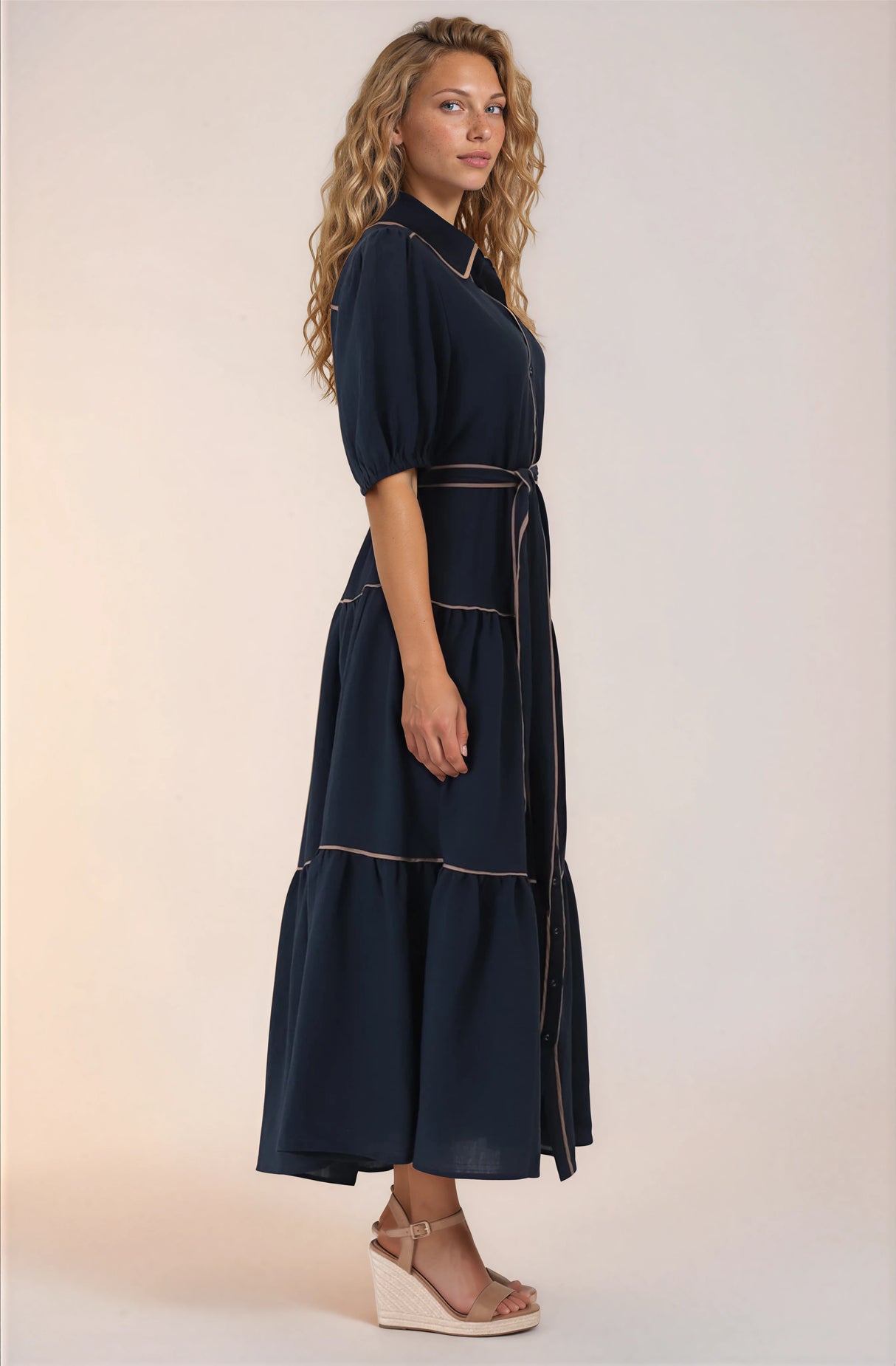 Valencia Maxi Dress - Collared Tiered Button Down Dress with Contrast Trim in Navy