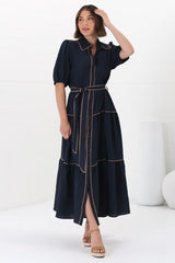 Valencia Maxi Dress - Collared Tiered Button Down Dress with Contrast Trim in Navy