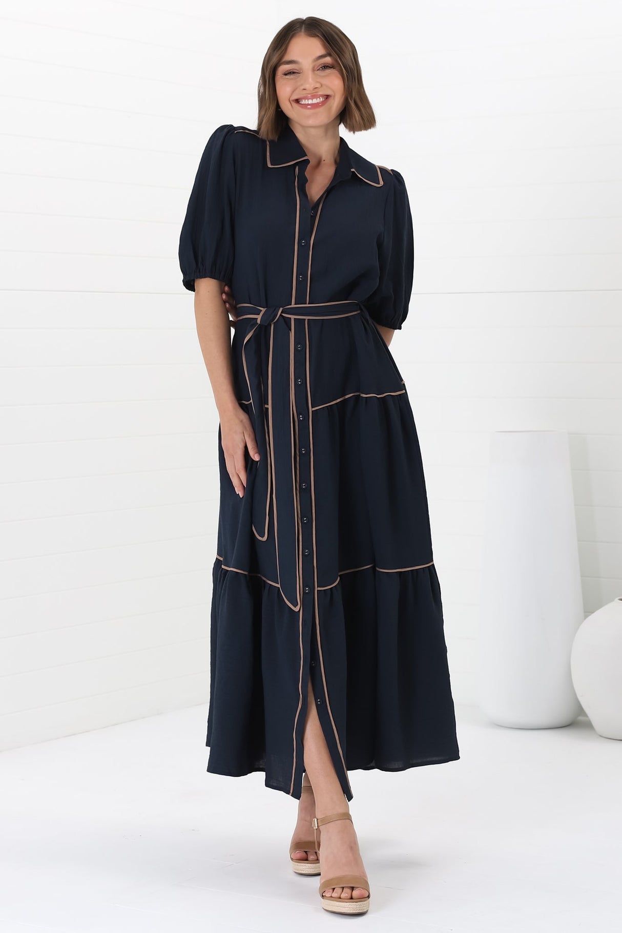 Valencia Maxi Dress - Collared Tiered Button Down Dress with Contrast Trim in Navy