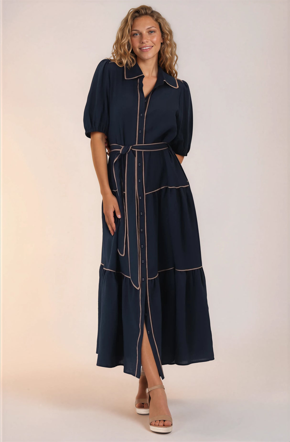 Valencia Maxi Dress - Collared Tiered Button Down Dress with Contrast Trim in Navy