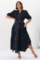 Valencia Maxi Dress - Collared Tiered Button Down Dress with Contrast Trim in Navy