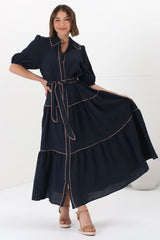 Valencia Maxi Dress - Collared Tiered Button Down Dress with Contrast Trim in Navy