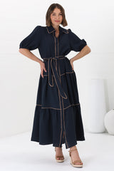 Valencia Maxi Dress - Collared Tiered Button Down Dress with Contrast Trim in Navy