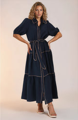 Valencia Maxi Dress - Collared Tiered Button Down Dress with Contrast Trim in Navy