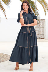 Valencia Maxi Dress - Collared Tiered Button Down Dress with Contrast Trim in Navy