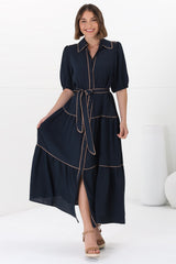 Valencia Maxi Dress - Collared Tiered Button Down Dress with Contrast Trim in Navy