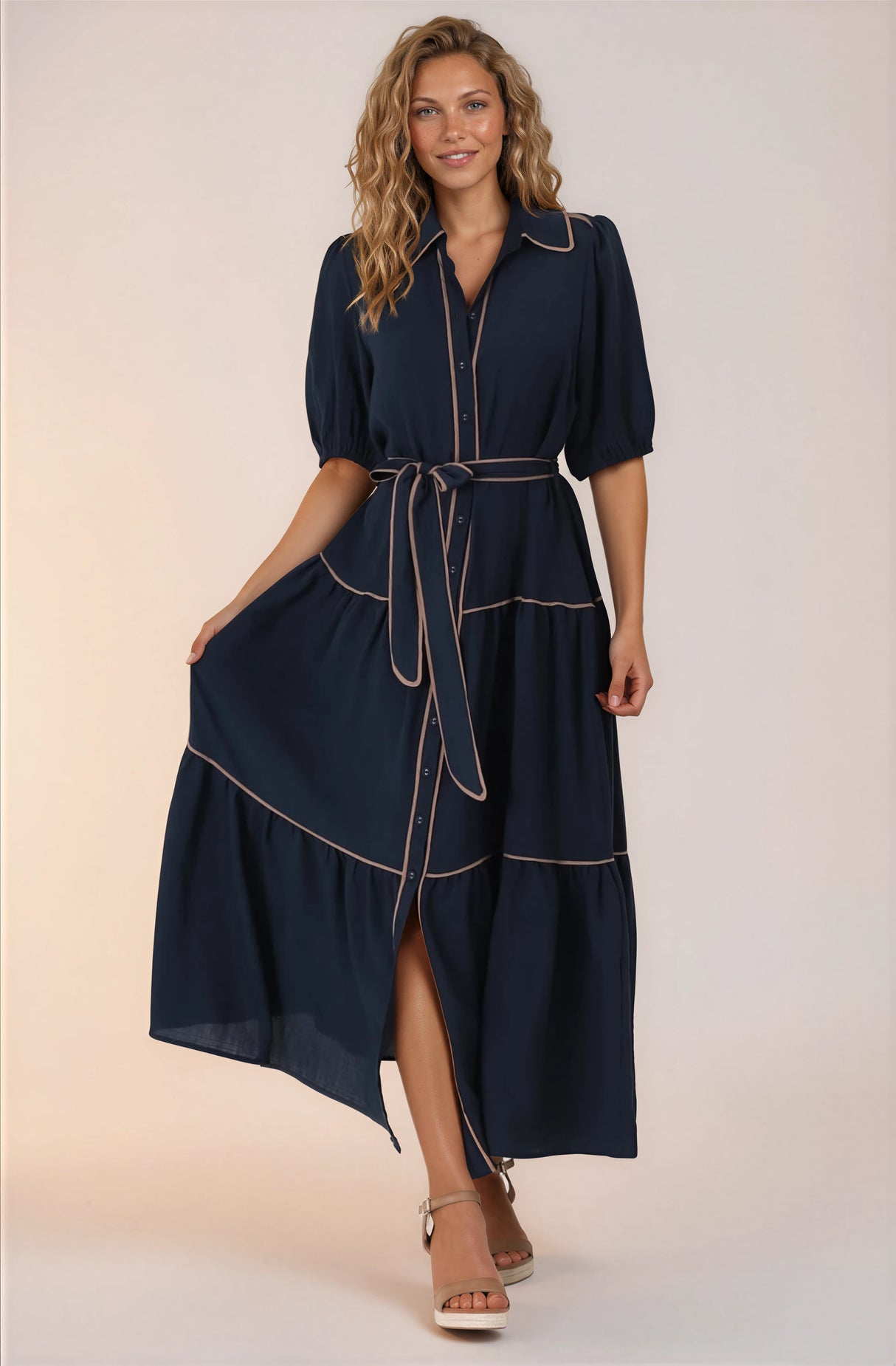 Valencia Maxi Dress - Collared Tiered Button Down Dress with Contrast Trim in Navy