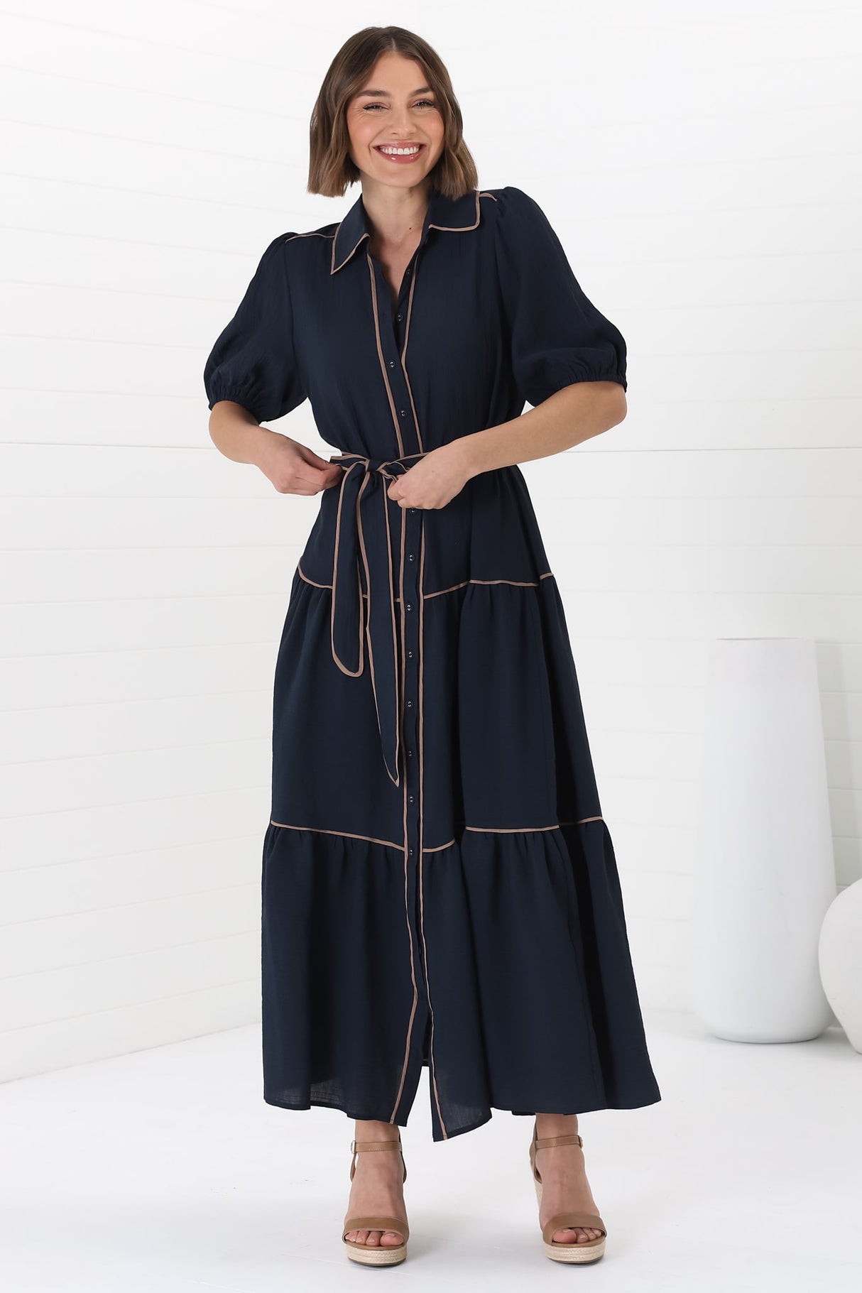 Valencia Maxi Dress - Collared Tiered Button Down Dress with Contrast Trim in Navy