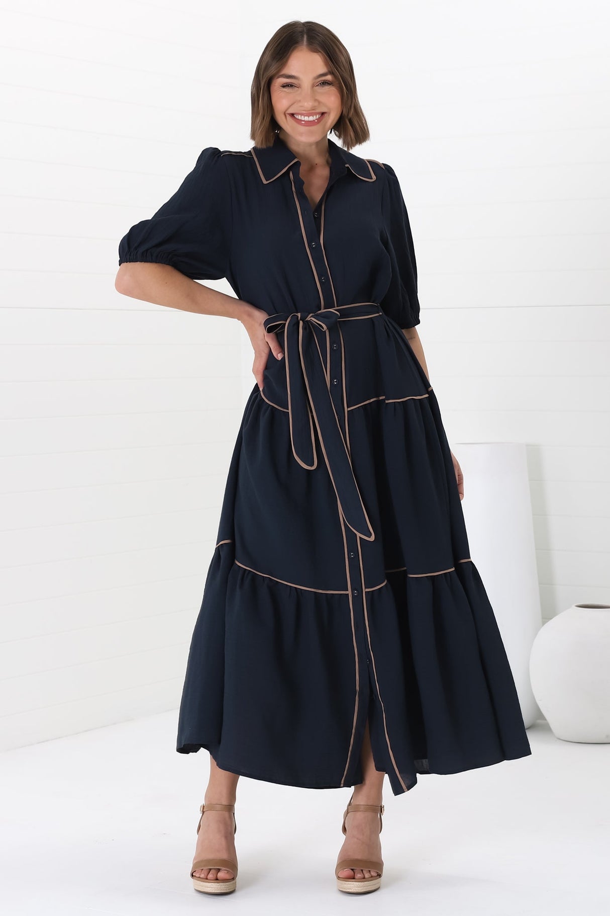 Valencia Maxi Dress - Collared Tiered Button Down Dress with Contrast Trim in Navy