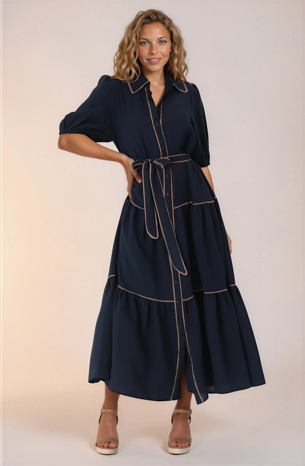 Valencia Maxi Dress - Collared Tiered Button Down Dress with Contrast Trim in Navy
