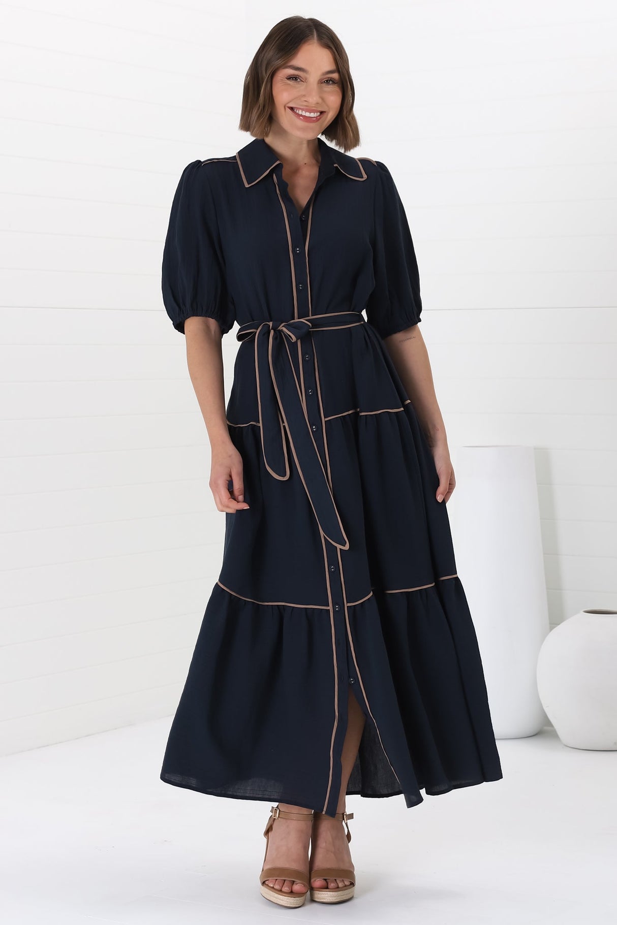 Valencia Maxi Dress - Collared Tiered Button Down Dress with Contrast Trim in Navy