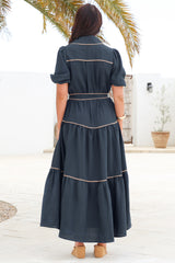 Valencia Maxi Dress - Collared Tiered Button Down Dress with Contrast Trim in Navy