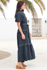 Valencia Maxi Dress - Collared Tiered Button Down Dress with Contrast Trim in Navy