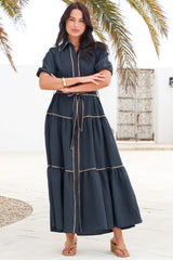 Valencia Maxi Dress - Collared Tiered Button Down Dress with Contrast Trim in Navy