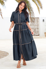Valencia Maxi Dress - Collared Tiered Button Down Dress with Contrast Trim in Navy
