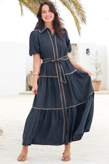 Valencia Maxi Dress - Collared Tiered Button Down Dress with Contrast Trim in Navy