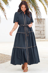 Valencia Maxi Dress - Collared Tiered Button Down Dress with Contrast Trim in Navy