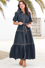 Valencia Maxi Dress - Collared Tiered Button Down Dress with Contrast Trim in Navy