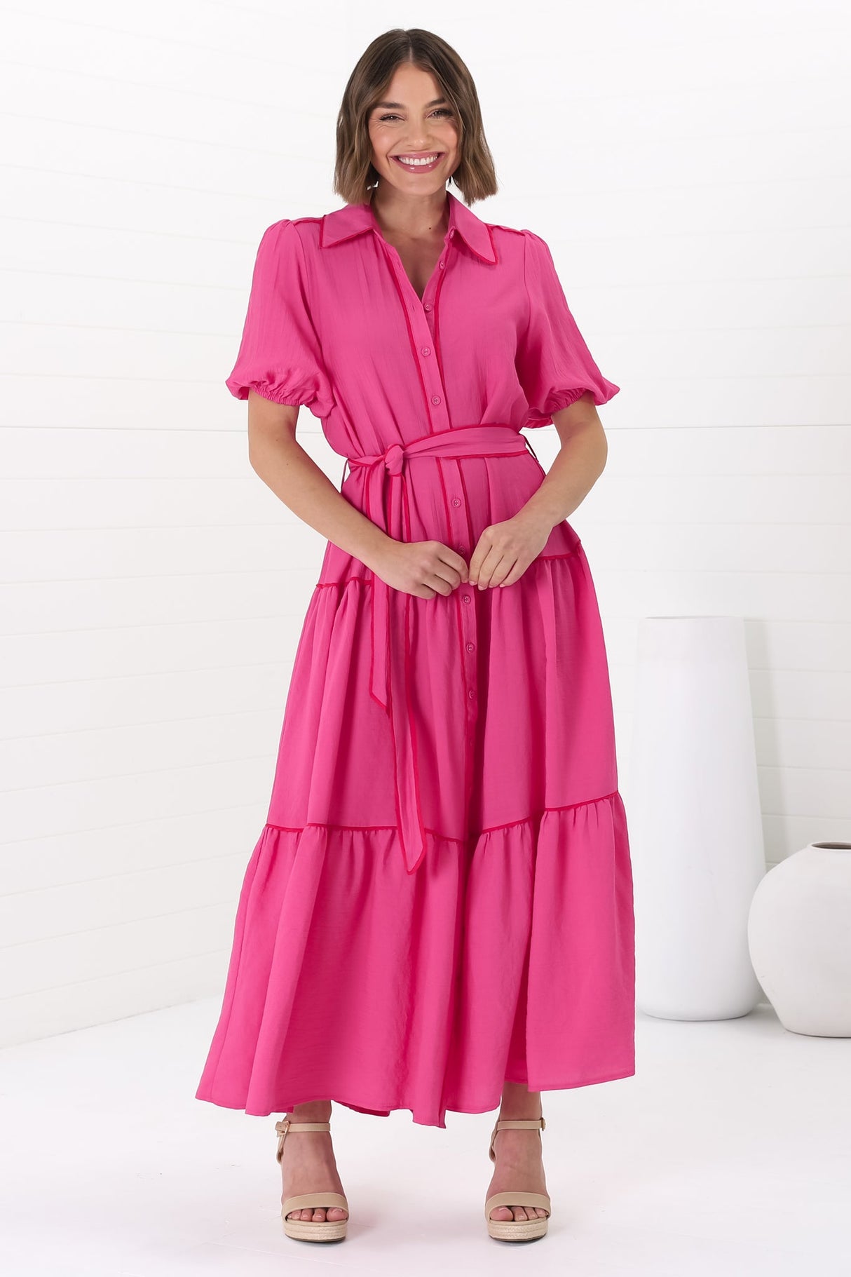 Valencia Maxi Dress - Collared Tiered Button Down Dress with Contrast Trim in Pink