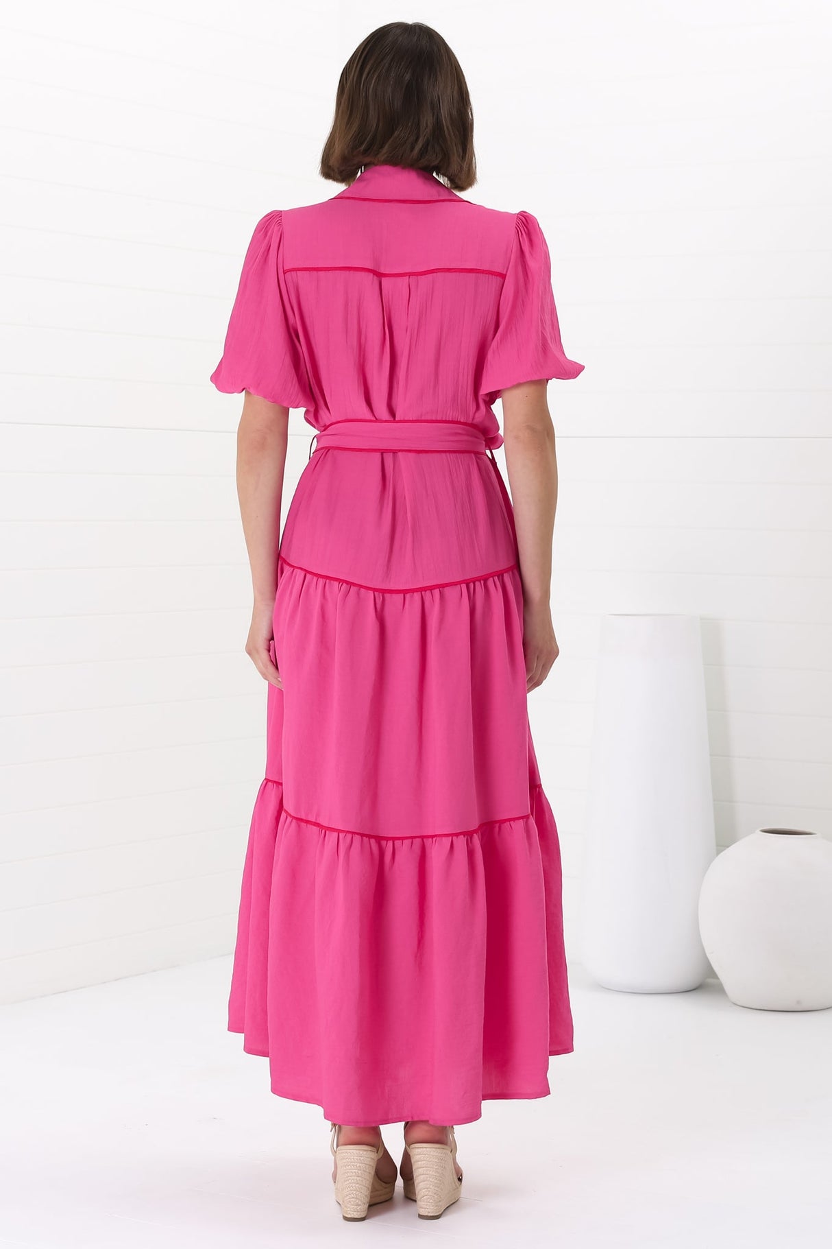 Valencia Maxi Dress - Collared Tiered Button Down Dress with Contrast Trim in Pink