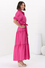 Valencia Maxi Dress - Collared Tiered Button Down Dress with Contrast Trim in Pink