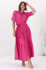 Valencia Maxi Dress - Collared Tiered Button Down Dress with Contrast Trim in Pink