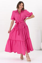 Valencia Maxi Dress - Collared Tiered Button Down Dress with Contrast Trim in Pink