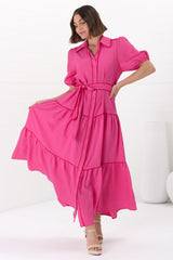 Valencia Maxi Dress - Collared Tiered Button Down Dress with Contrast Trim in Pink