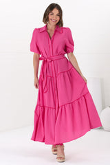 Valencia Maxi Dress - Collared Tiered Button Down Dress with Contrast Trim in Pink