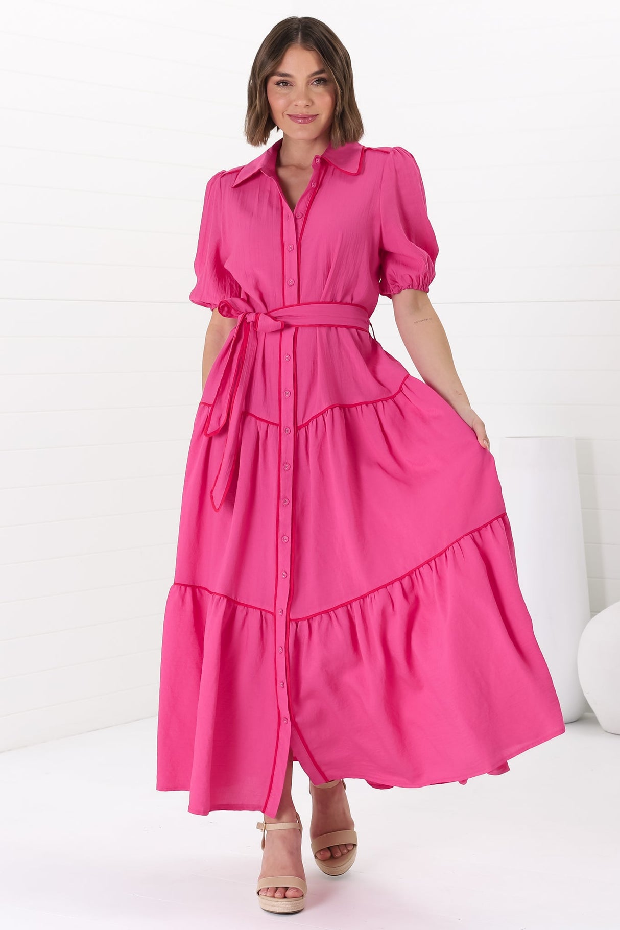 Valencia Maxi Dress - Collared Tiered Button Down Dress with Contrast Trim in Pink