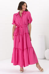 Valencia Maxi Dress - Collared Tiered Button Down Dress with Contrast Trim in Pink