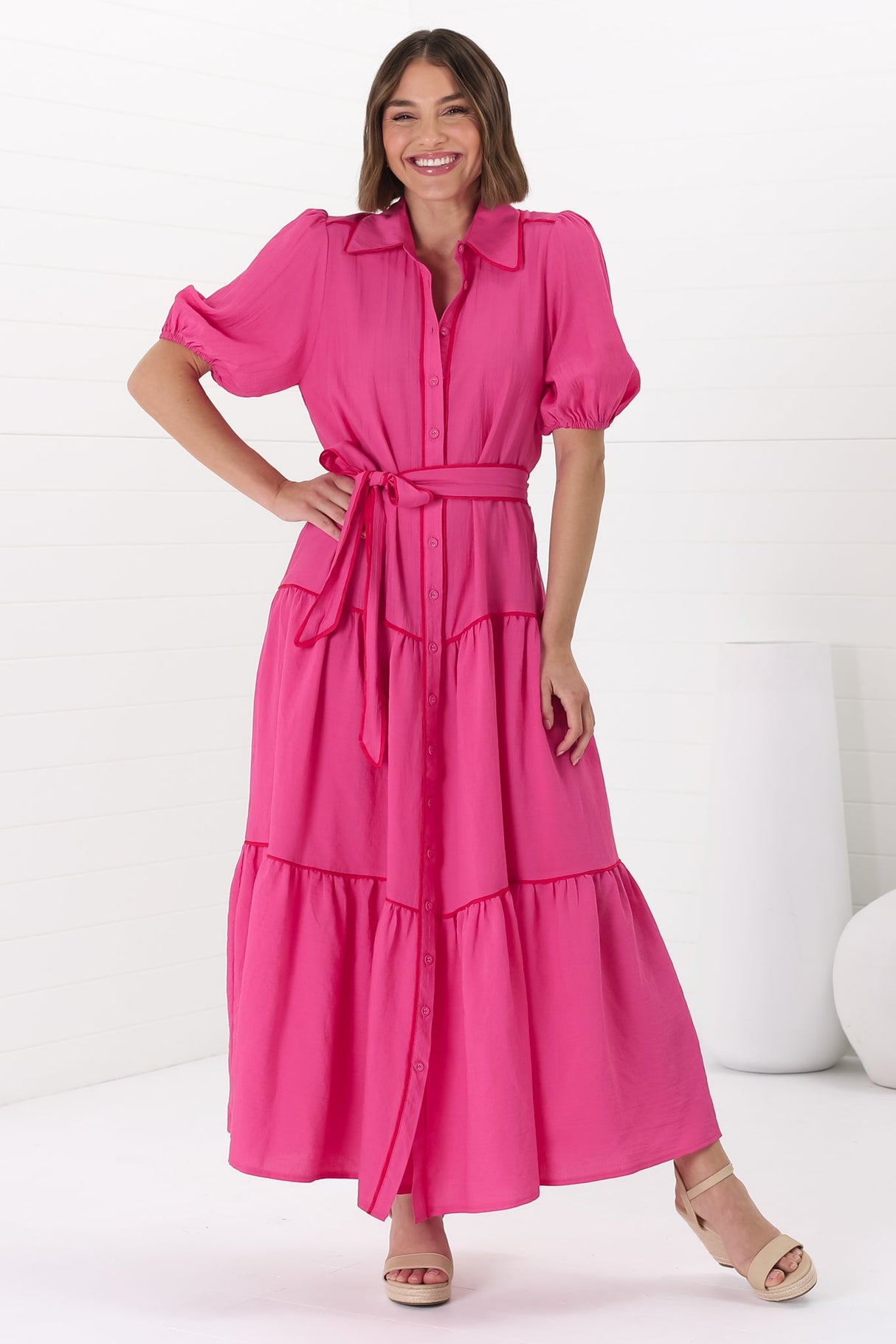 Valencia Maxi Dress - Collared Tiered Button Down Dress with Contrast Trim in Pink