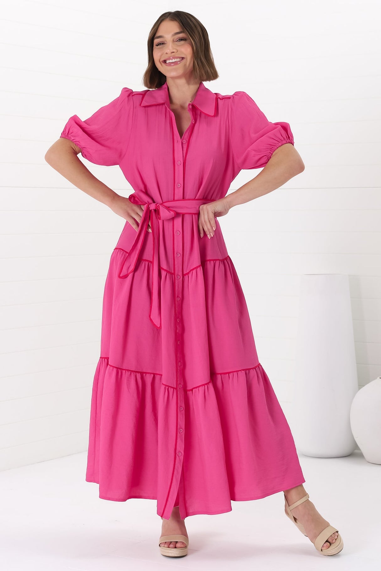 Valencia Maxi Dress - Collared Tiered Button Down Dress with Contrast Trim in Pink