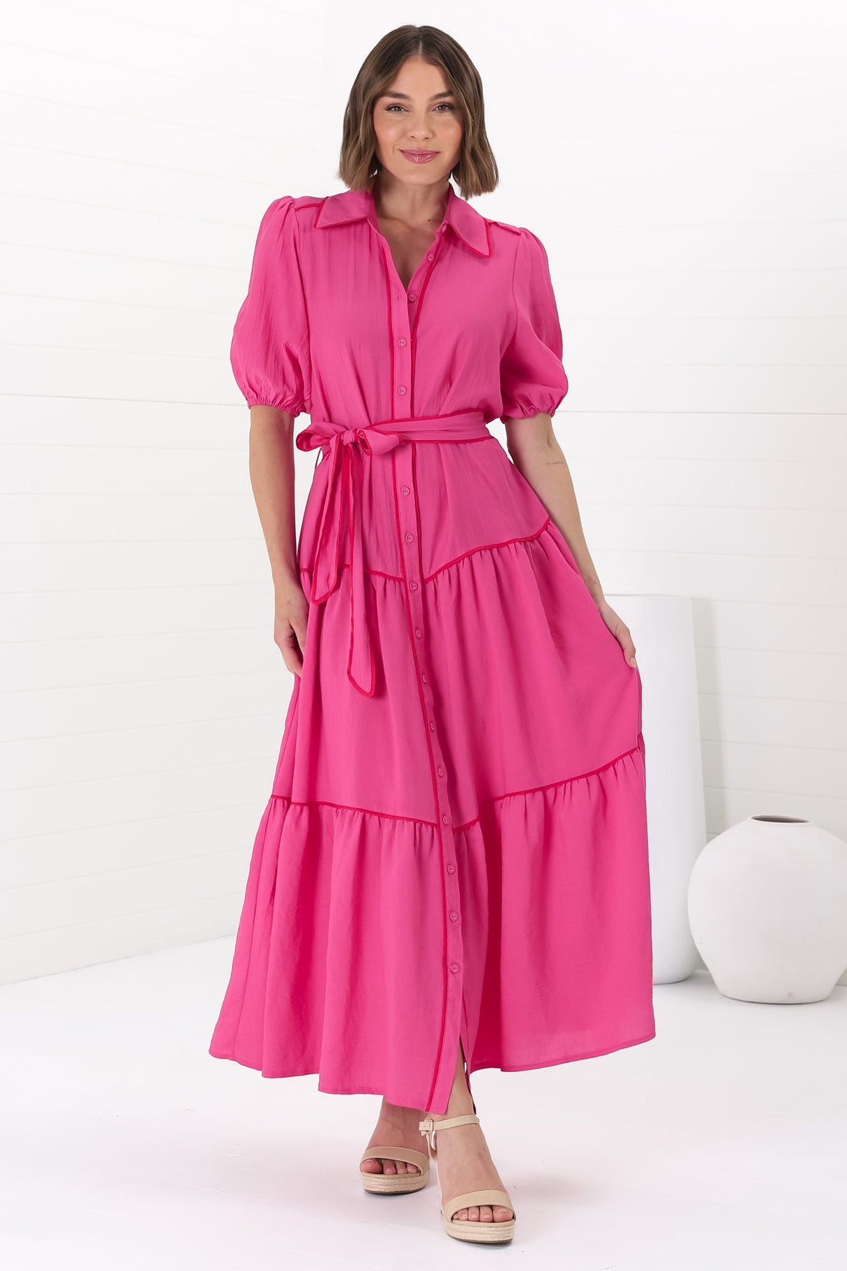 Valencia Maxi Dress - Collared Tiered Button Down Dress with Contrast Trim in Pink