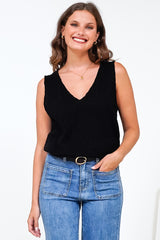 Valeria Top - Textured V-Neck Tank Top in Black