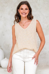 Valeria Top - Textured V-Neck Tank Top in Natural