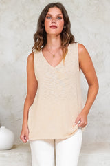 Valeria Top - Textured V-Neck Tank Top in Natural