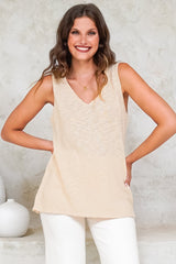 Valeria Top - Textured V-Neck Tank Top in Natural