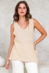 Valeria Top - Textured V-Neck Tank Top in Natural