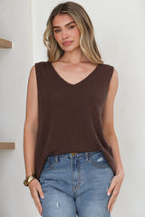 Valeria Top - Textured V-Neck Tank Top in Chocolate
