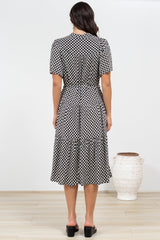 Vania Midi Dress - Tiered Buttoned Down Dress with Matching Belt in Hexy Print Black