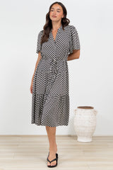 Vania Midi Dress - Tiered Buttoned Down Dress with Matching Belt in Hexy Print Black